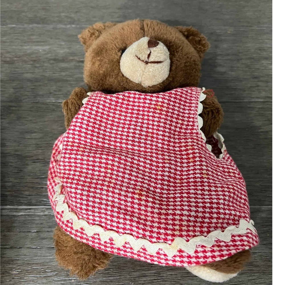 Vintage Brown Teddy Bear Red Gingham Dress Plush Stuffed Animal Toy Retro 8in